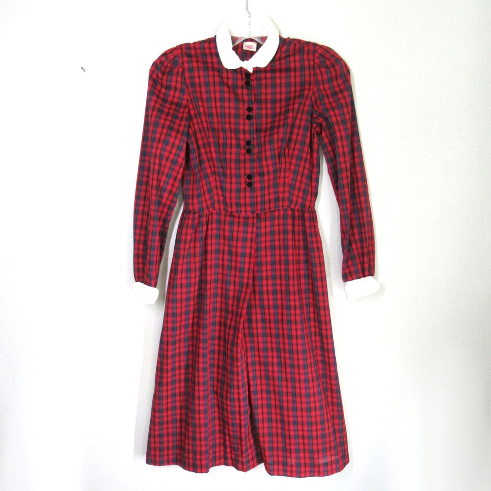 Vtg 70s Candi Jones Dress Women S Red Plaid Velvet Button White Collar Prairie